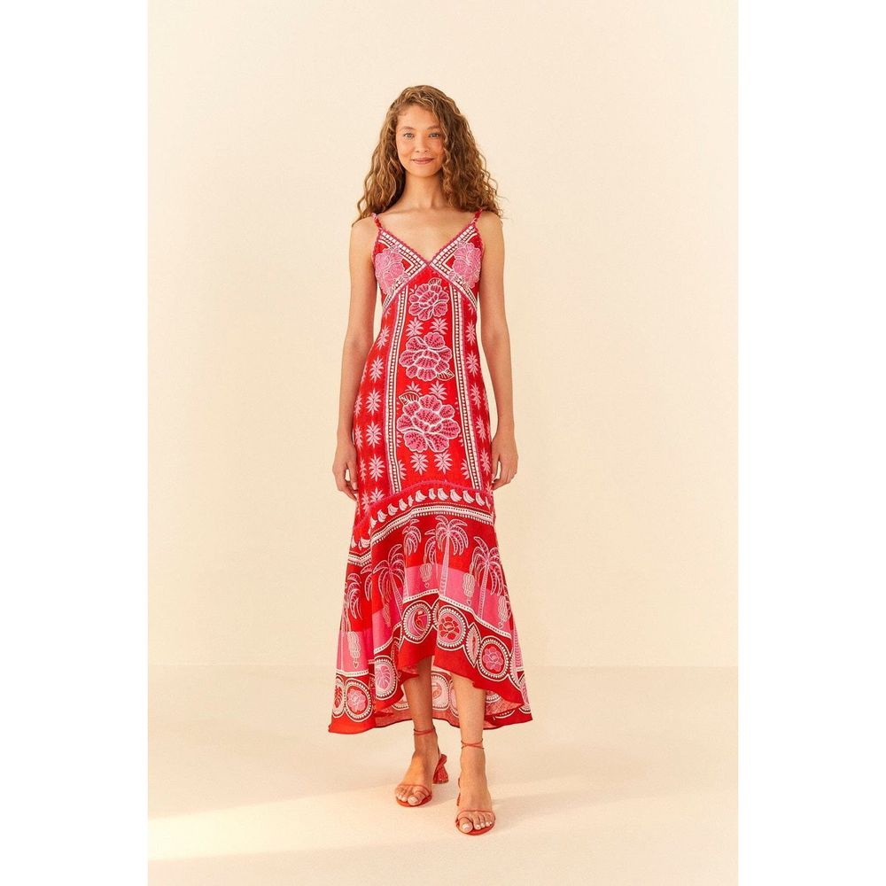 Farm Rio Red Summer Sunrise Maxi Dress 100% linen XL